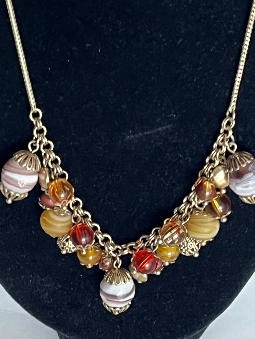 Liz Claiborne Earthtone Goldtone Bead Cluster Statement Necklace 16+ In Boho VTG